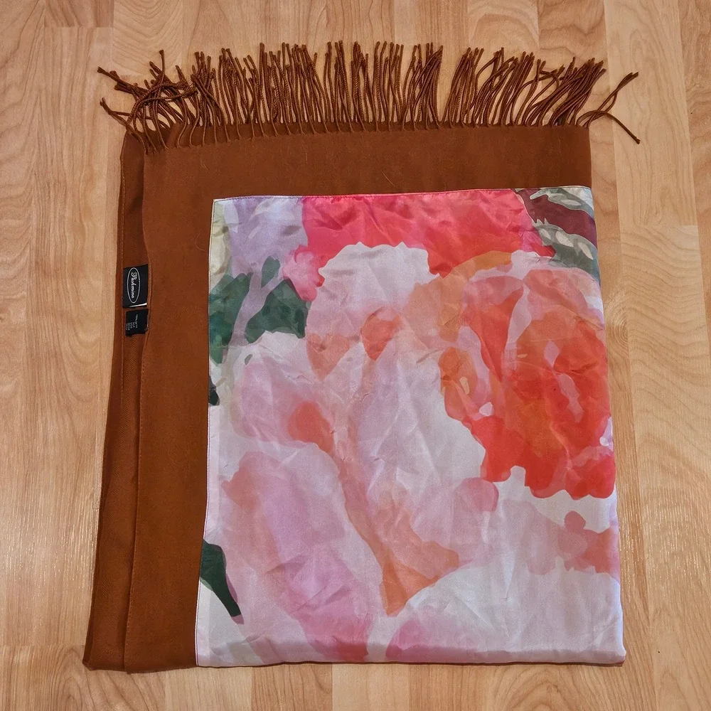 Pashmina Floral Silk Panel Shawl Wrap Womens OS Brown Fringe Made in Italy